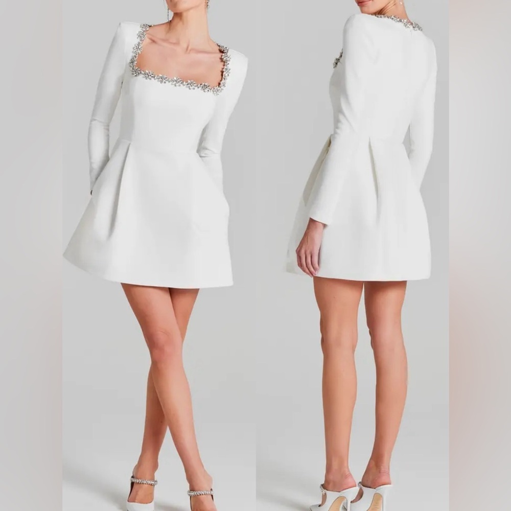 NWOT NADINE MERABI Kimberly Rhinestone Long Sleeve White Minidress Sz 6